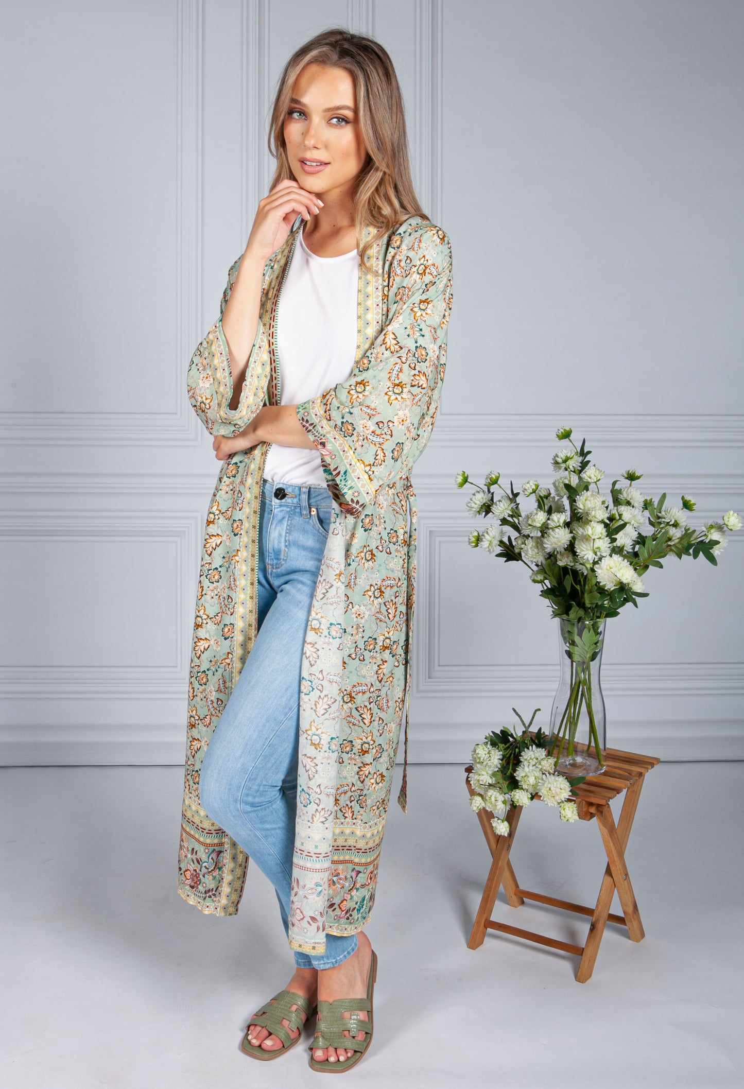 Vintage Floral Print Long Kimono Style Cardigan in Sage