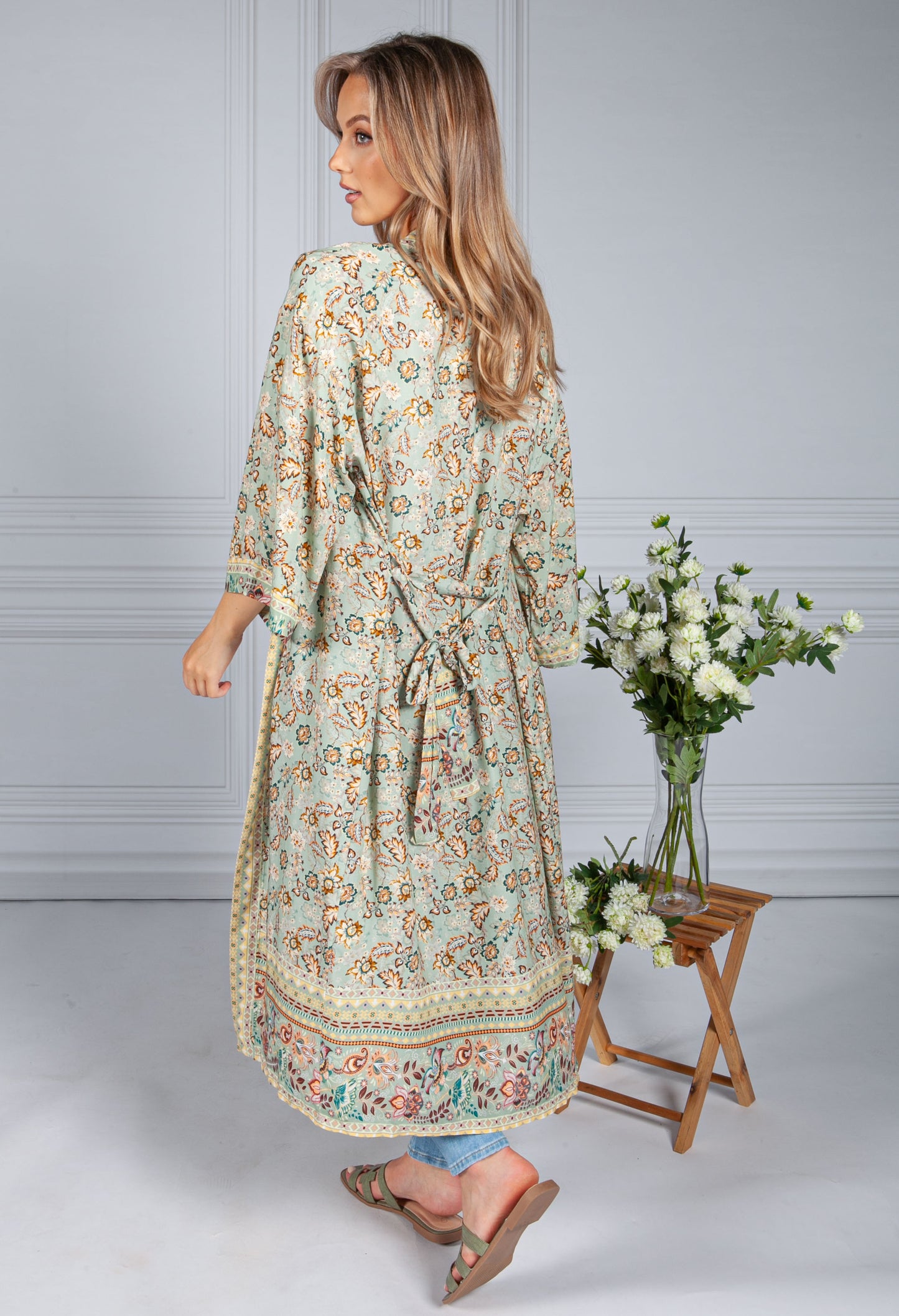 Vintage Floral Print Long Kimono Style Cardigan in Sage