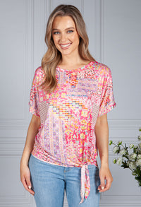 Silk Feel Kaleidoscope Print Top in Pink