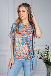 Silk Feel Kaleidoscope Print Top in Blue