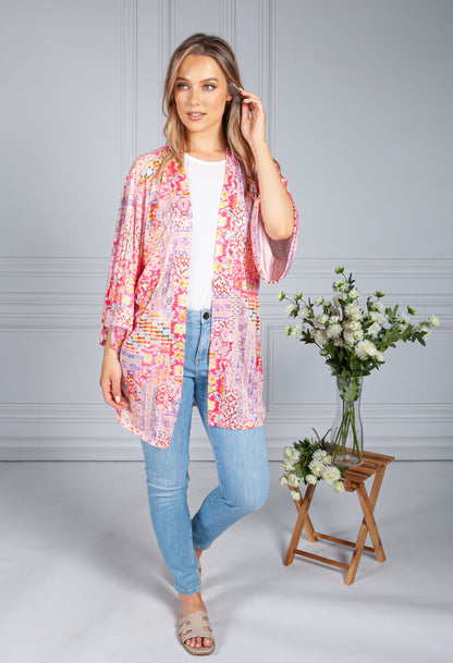 Silk Feel Kaleidoscope Print Cardigan in Pink