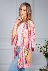 Silk Feel Kaleidoscope Print Cardigan in Pink