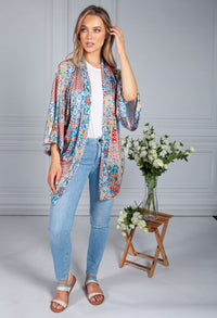 Silk Feel Kaleidoscope Print Cardigan in Blue