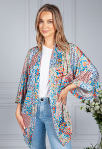 Silk Feel Kaleidoscope Print Cardigan in Blue