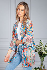 Silk Feel Kaleidoscope Print Cardigan in Blue