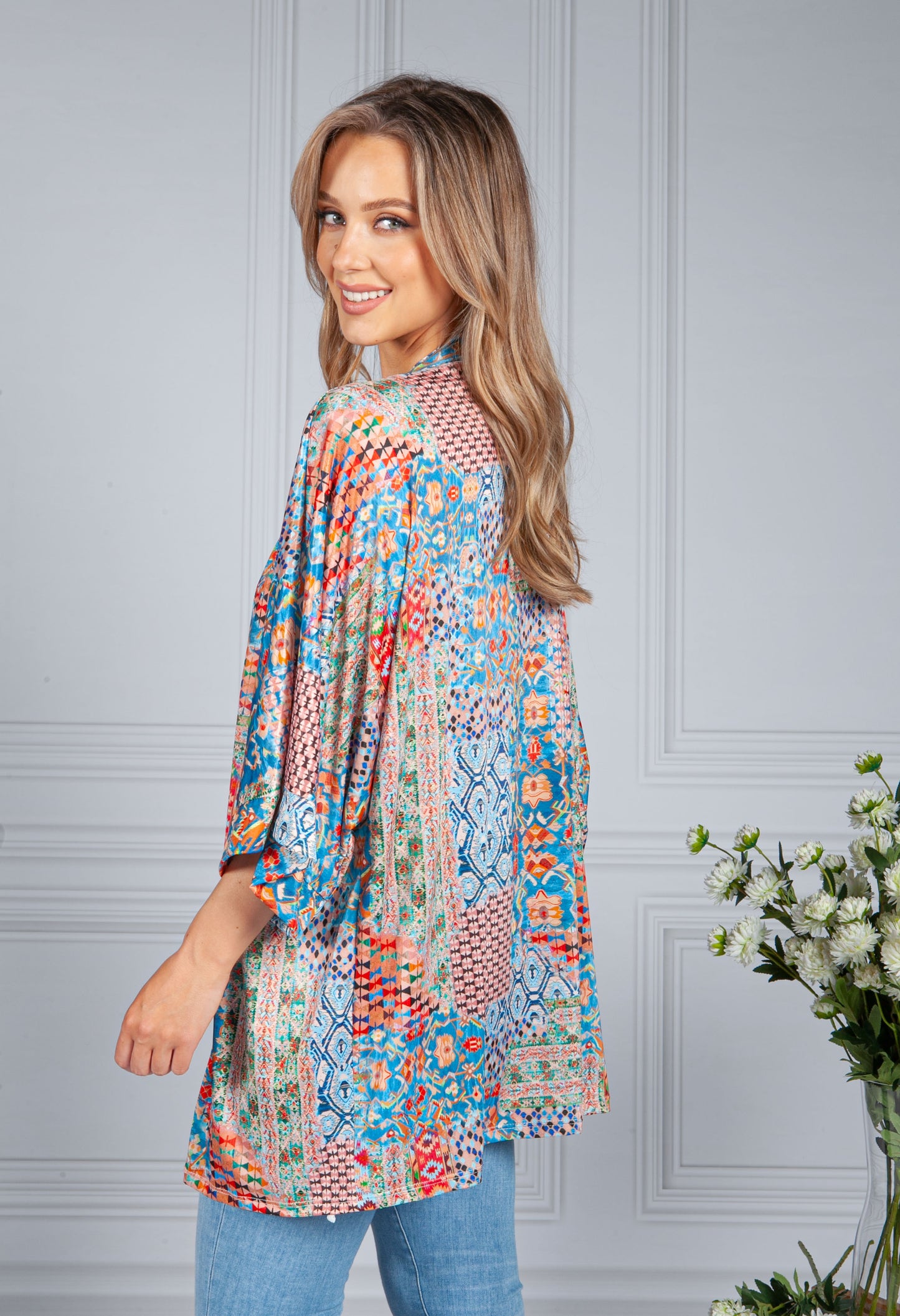 Silk Feel Kaleidoscope Print Cardigan in Blue