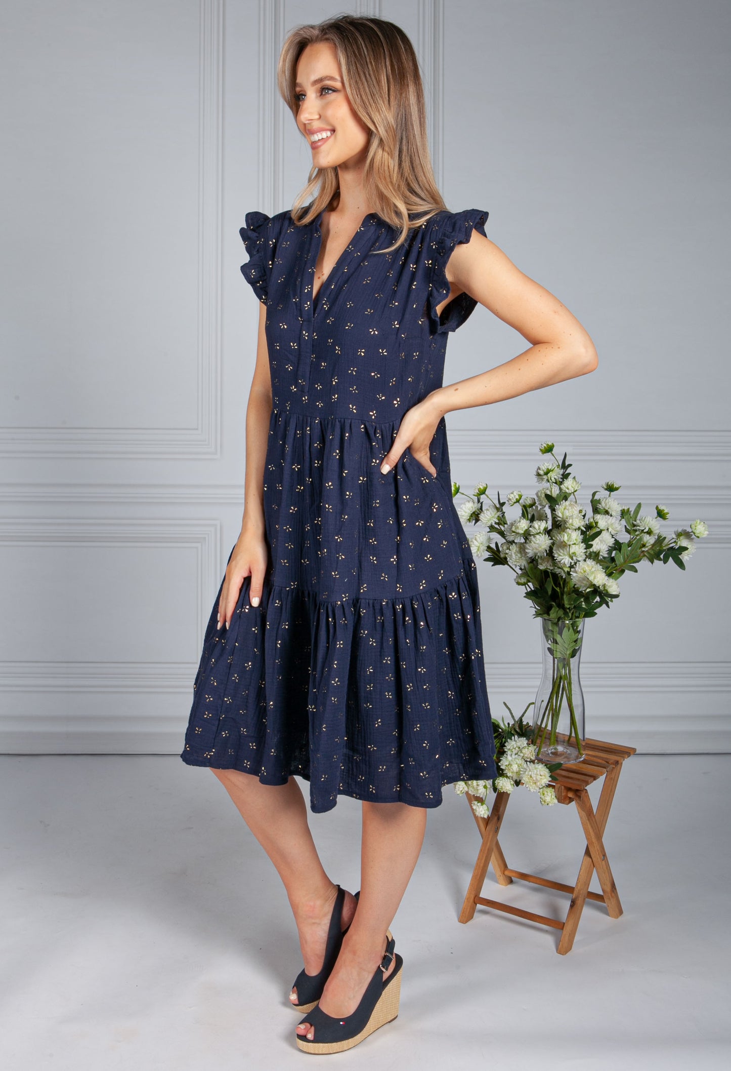 Navy & Gold Smock Dress