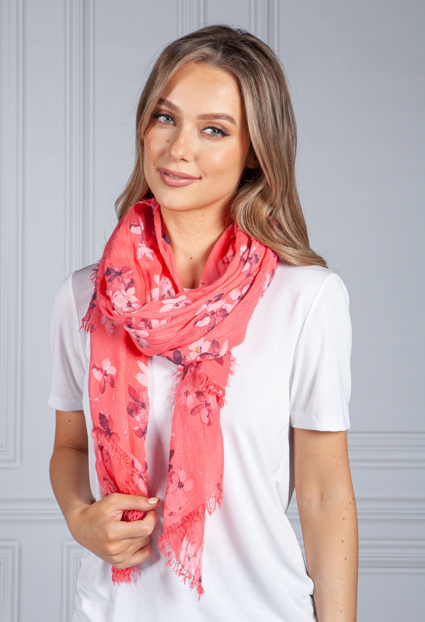 Bright Coral Orchid Print Scarf