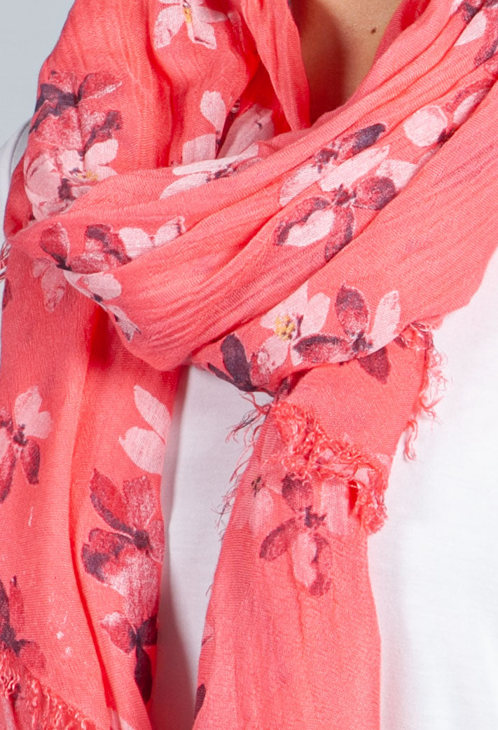 Bright Coral Orchid Print Scarf