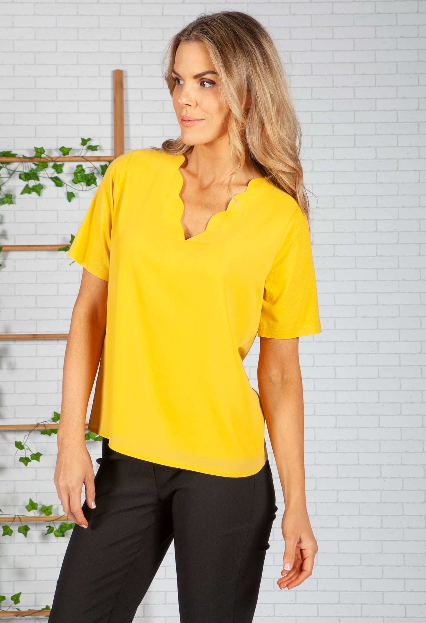 Mustard Top with Scalloped Neckline