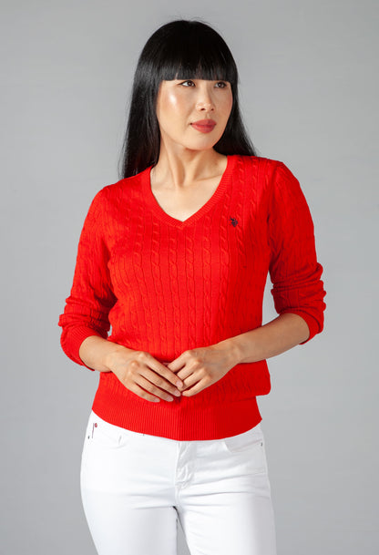 Red Cable Knit V Neck Jumper