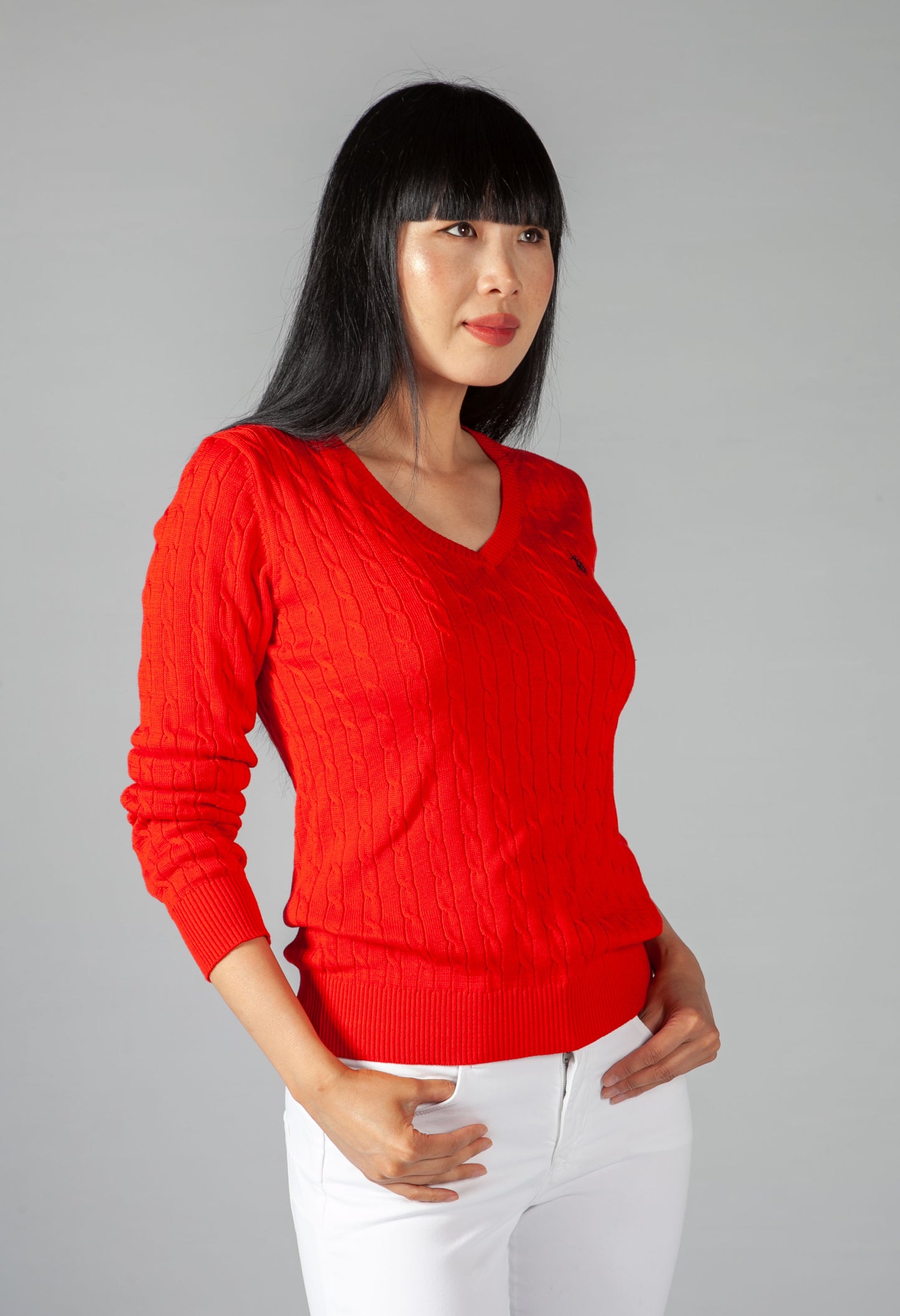 Red Cable Knit V Neck Jumper