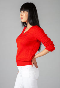 Red Cable Knit V Neck Jumper