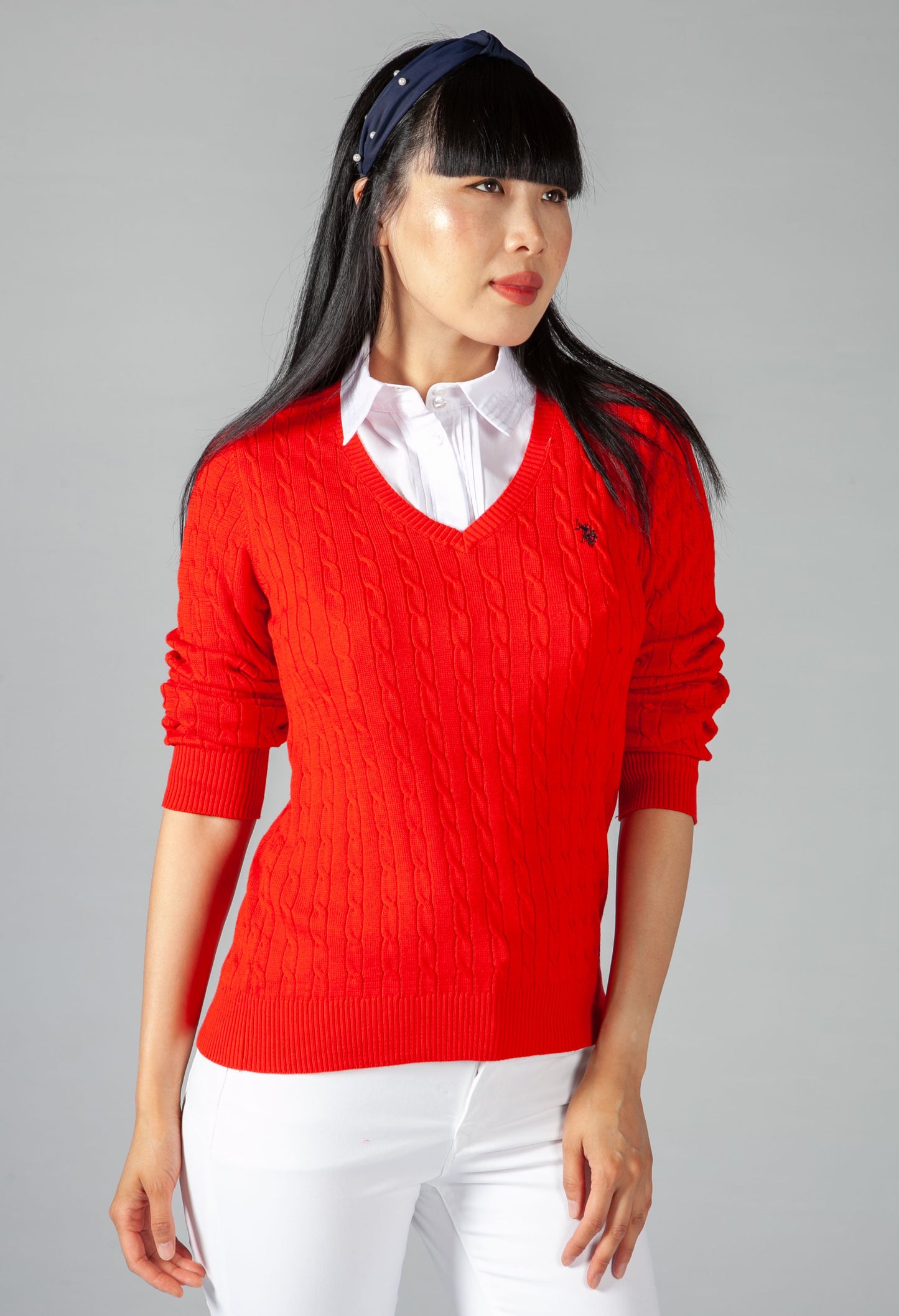 Red Cable Knit V Neck Jumper