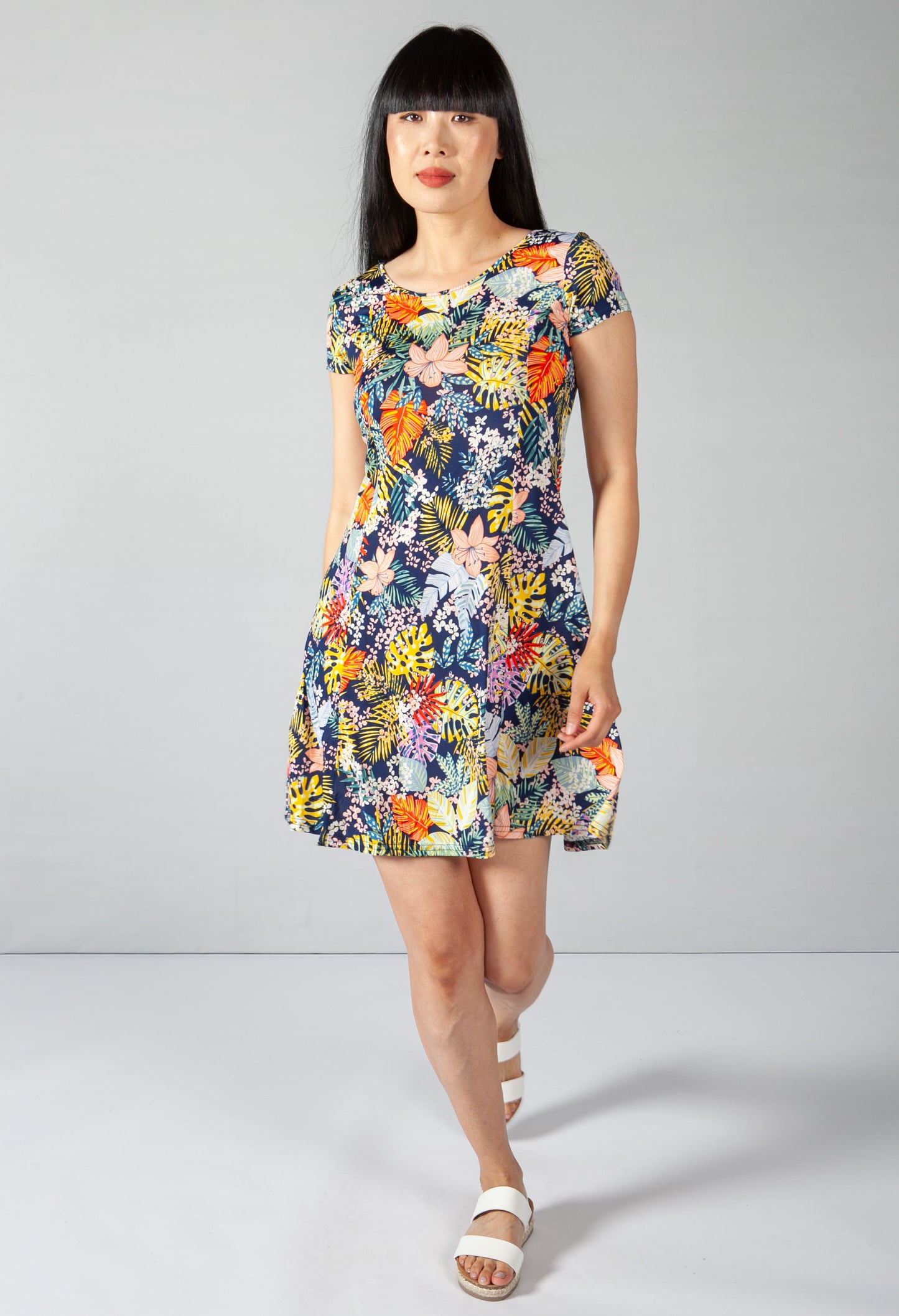 Navy and Yellow Tropical Print Dress