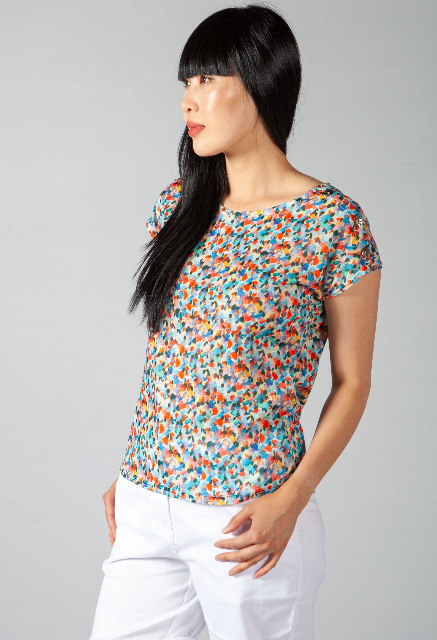 Watercolour Print Top with Shoulder Detail