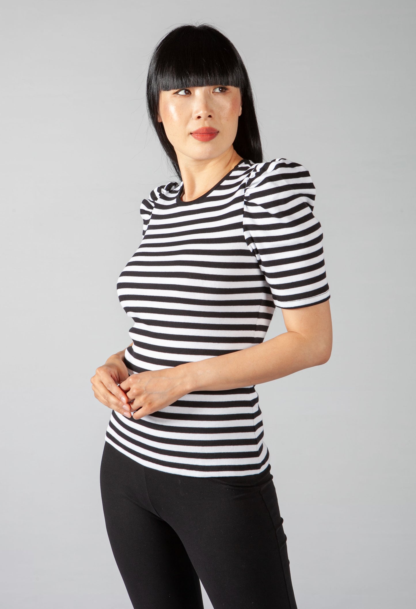 Stripe Top with Puff Shoulder