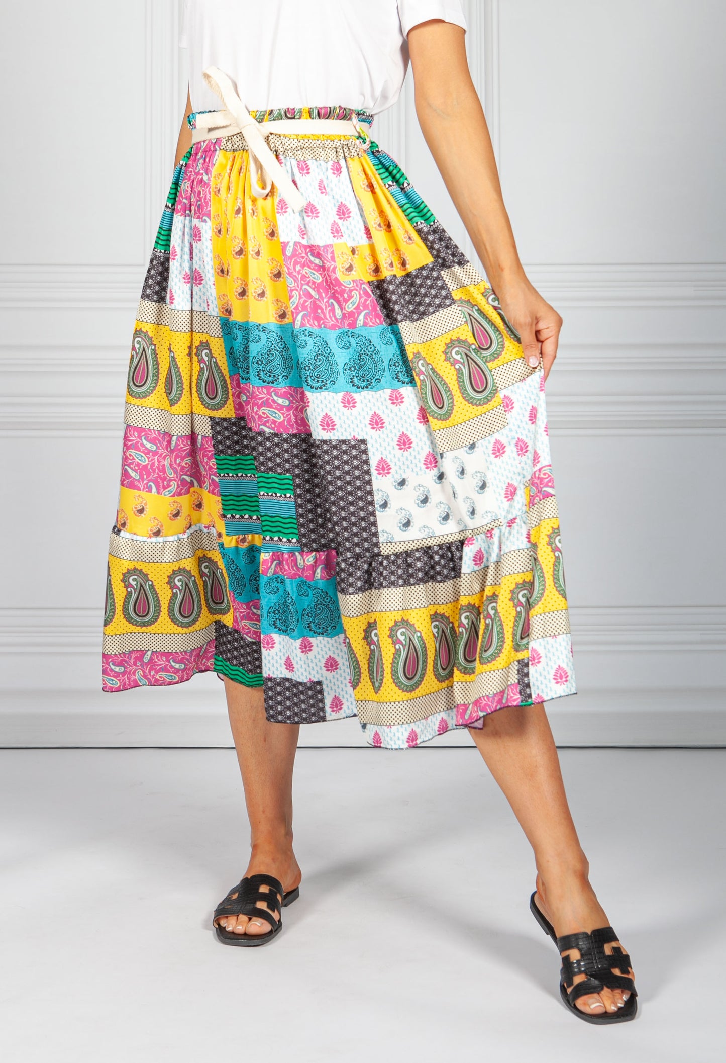 Yellow Mix Paisley Patch Print Skirt: