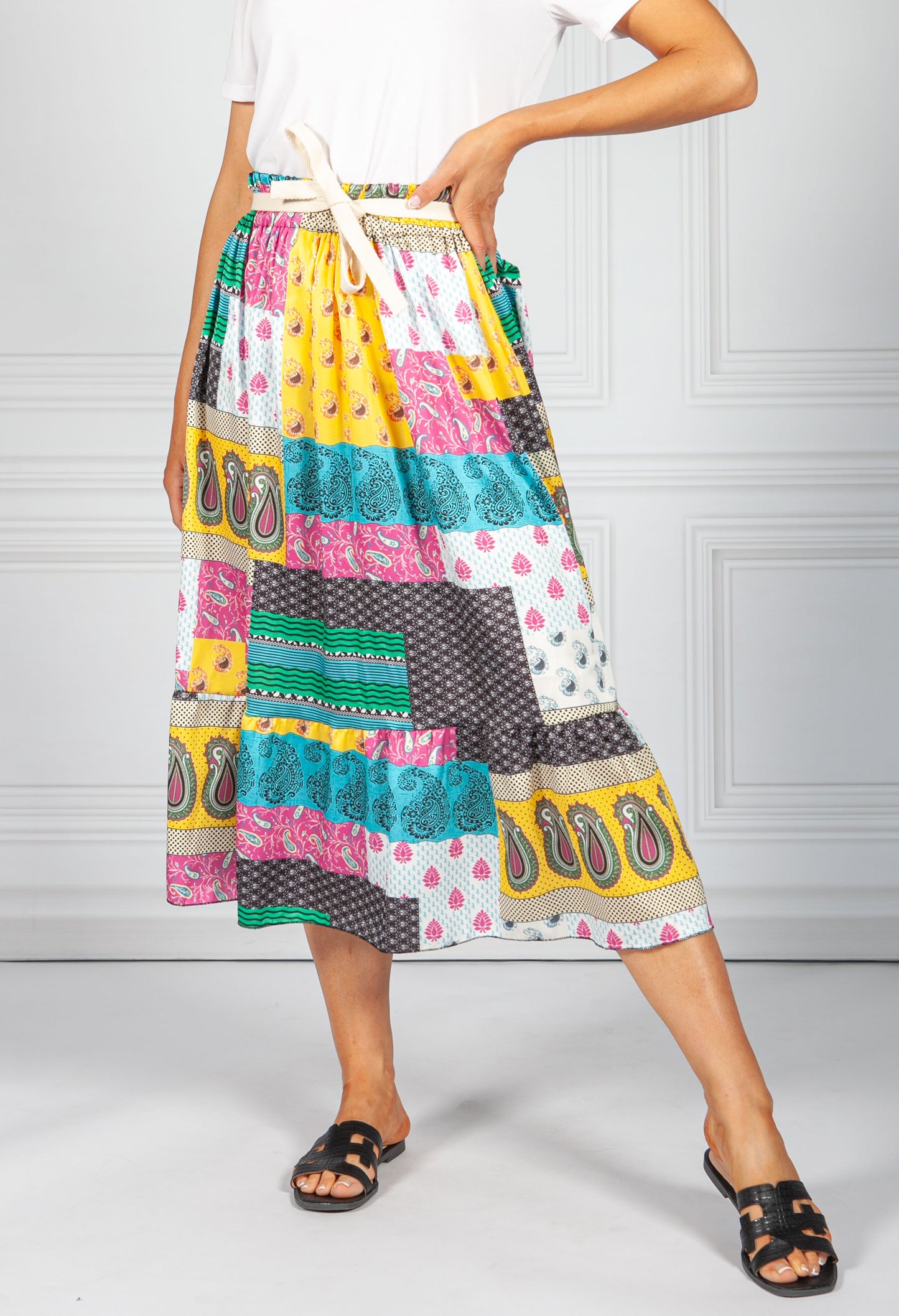 Yellow Mix Paisley Patch Print Skirt: