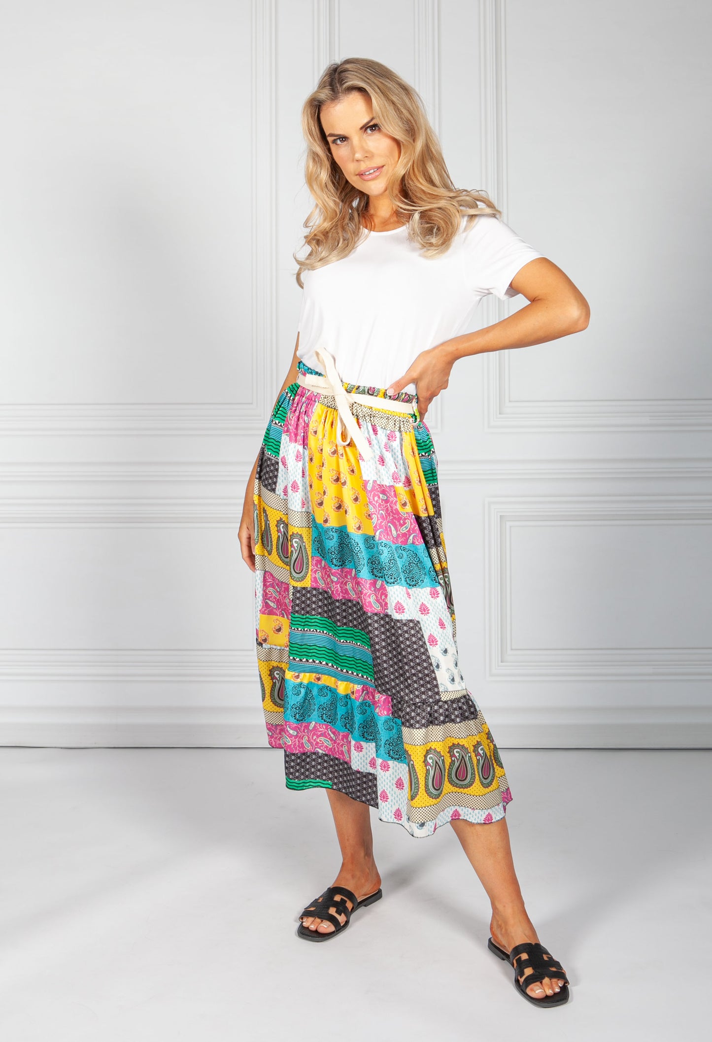 Yellow Mix Paisley Patch Print Skirt: