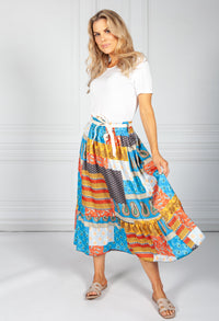 Blue Mix Paisley Patch Print Skirt