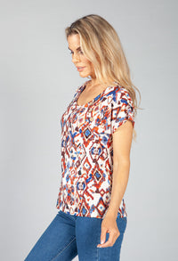 Tan Geometric Print Top with Button Detail