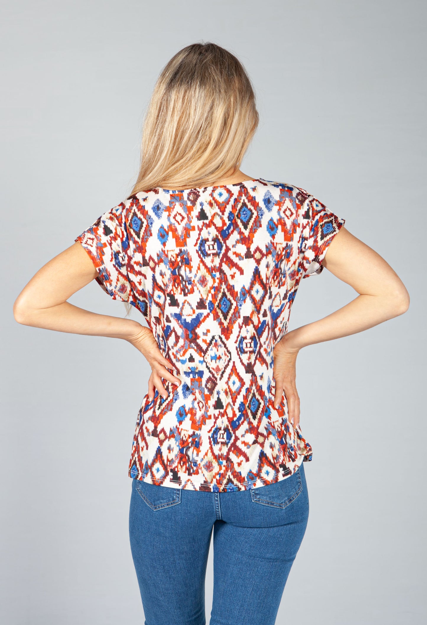 Tan Geometric Print Top with Button Detail