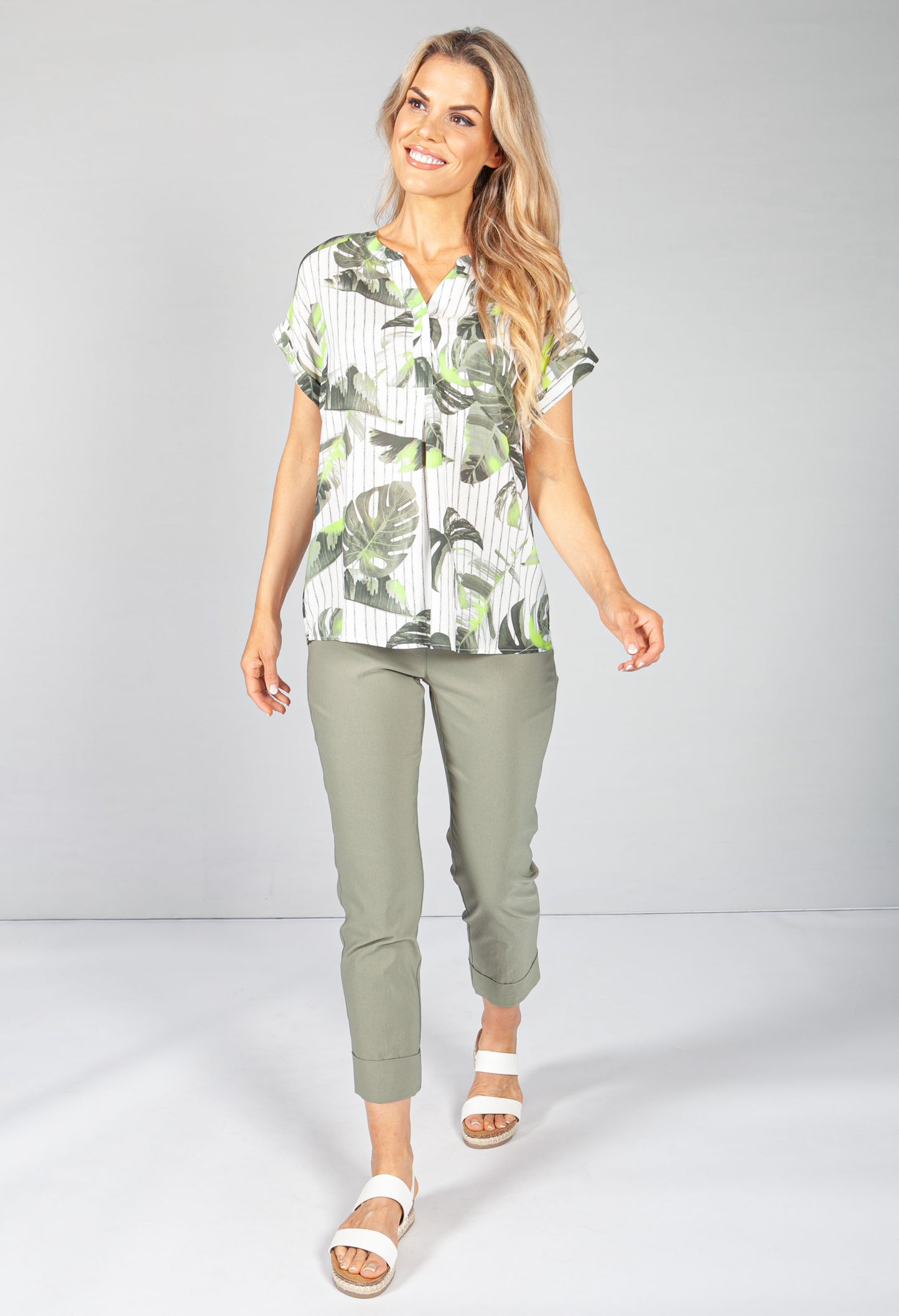 Khaki Palm and Stripe Blouse