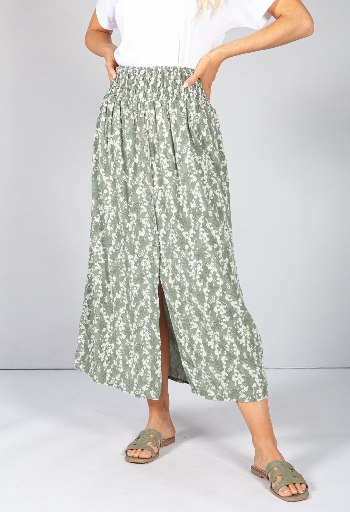 Khaki Faux Button Through Wild Flower Print Skirt