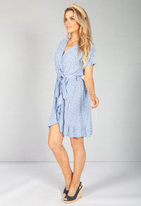 Blue Floral Ruffle Hem Wrap Mini Dress