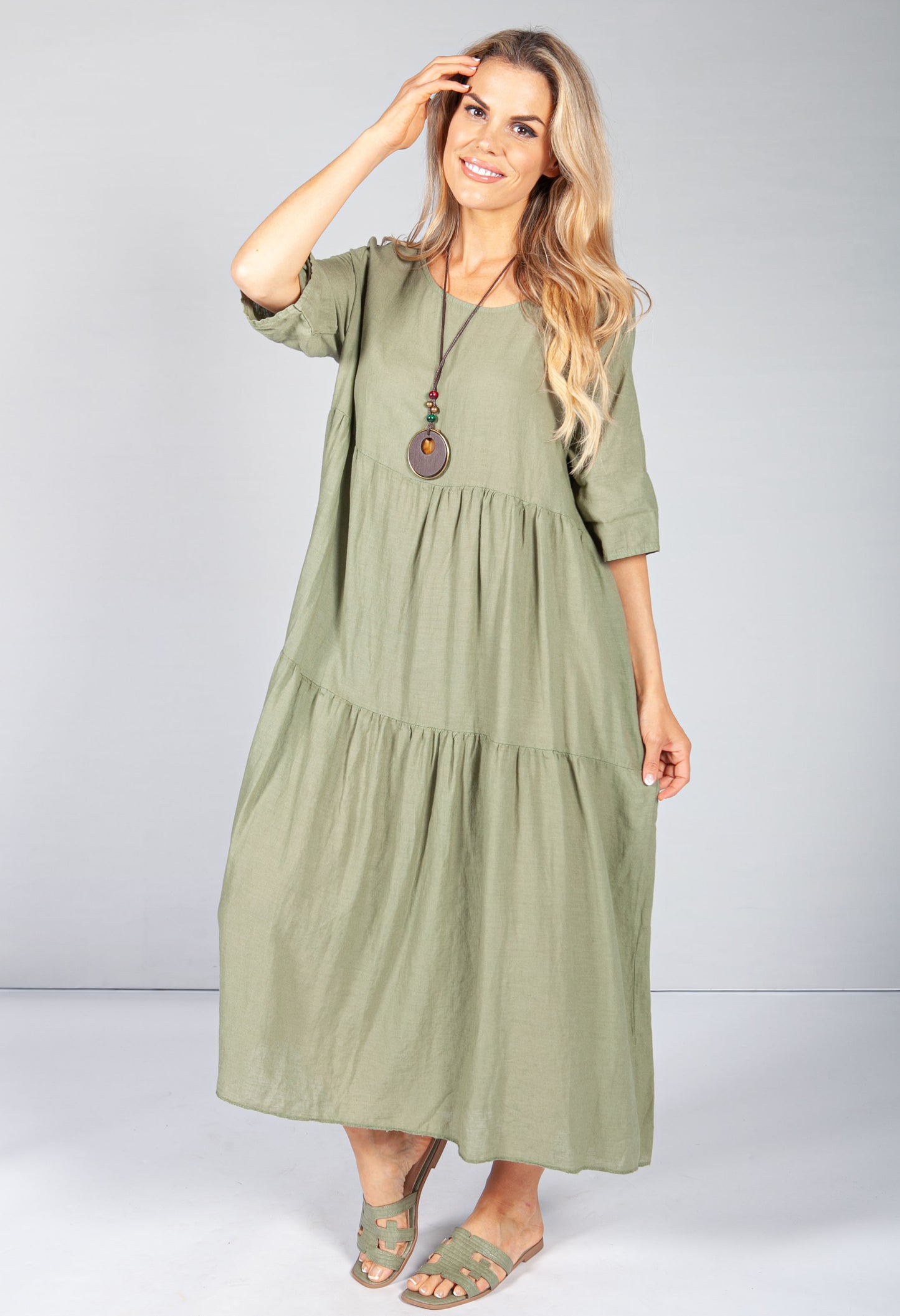 Khaki Summer Linen Maxi Dress