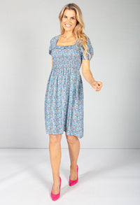 Blue Floral Smock Midi Dress