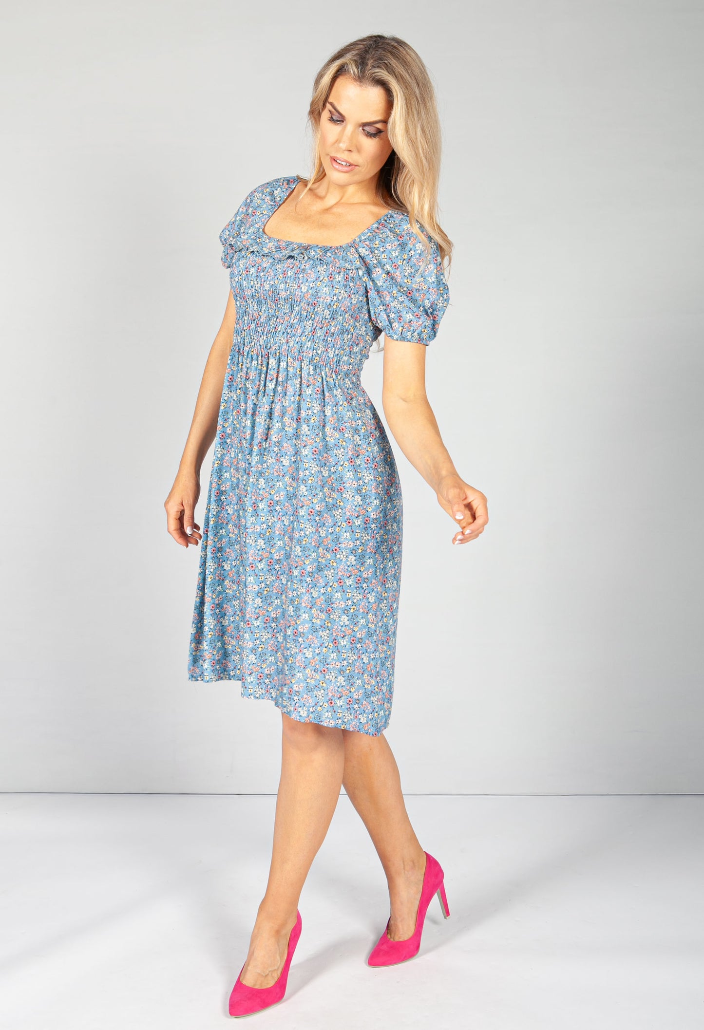 Blue Floral Smock Midi Dress