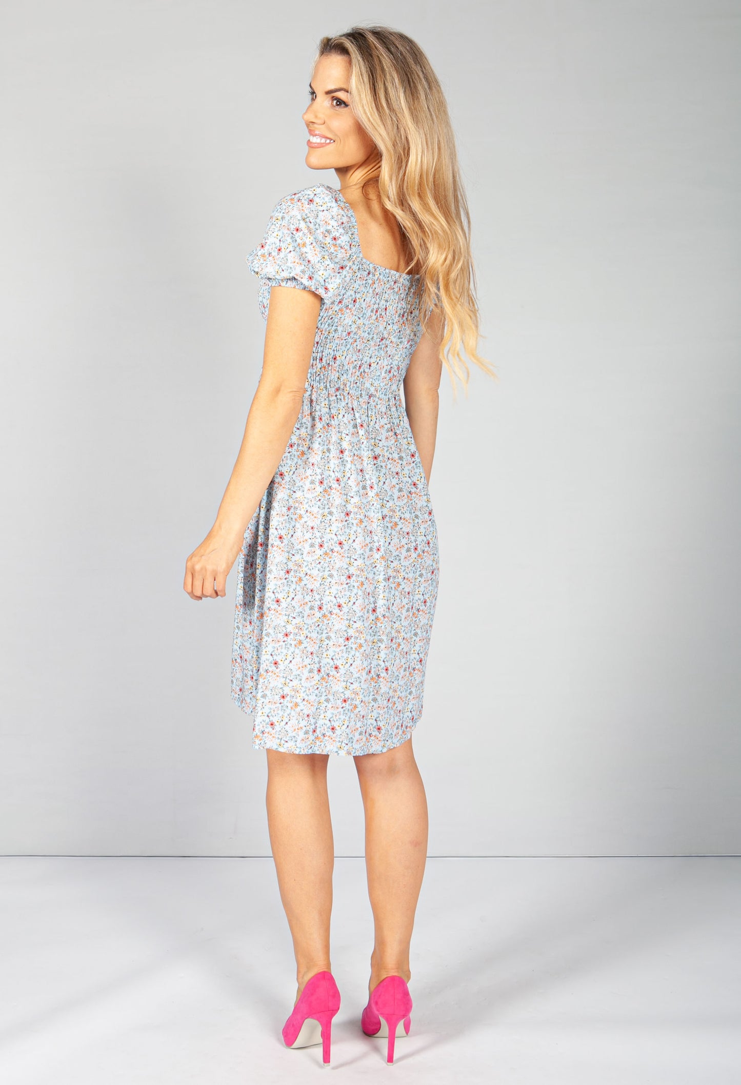 Light Blue Floral Smock Midi Dress