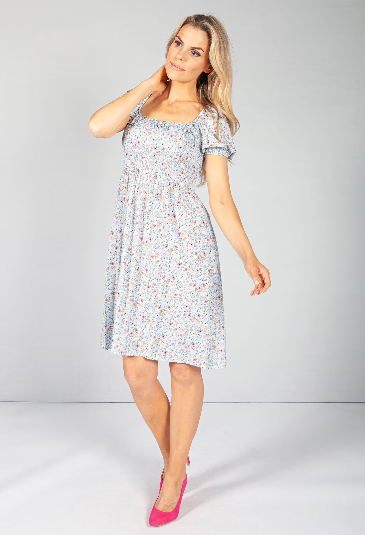 Light Blue Floral Smock Midi Dress