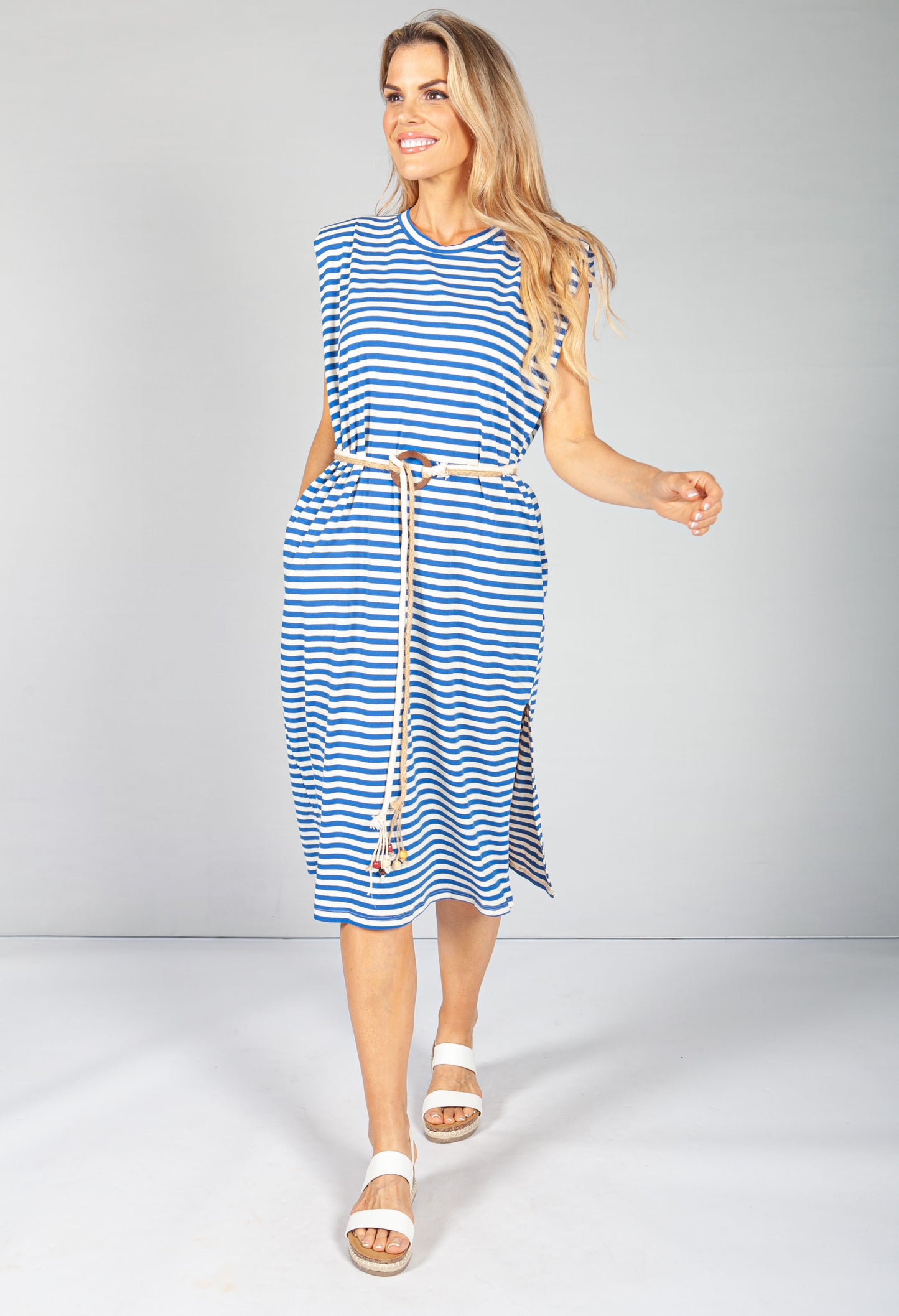 Royal Blue Stripe Belted Dress