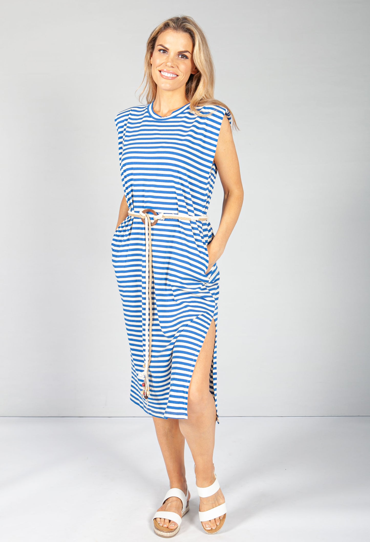 Royal Blue Stripe Belted Dress