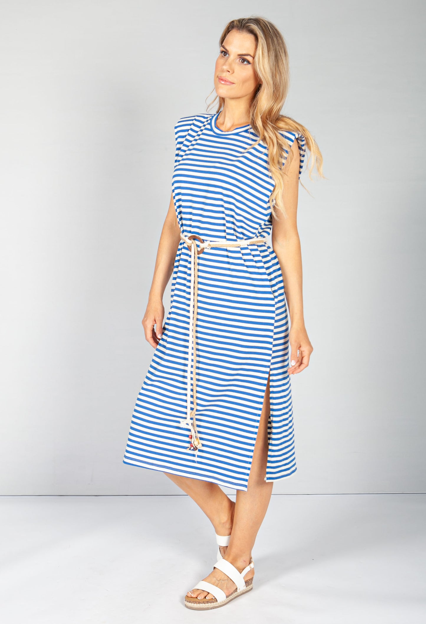 Royal Blue Stripe Belted Dress