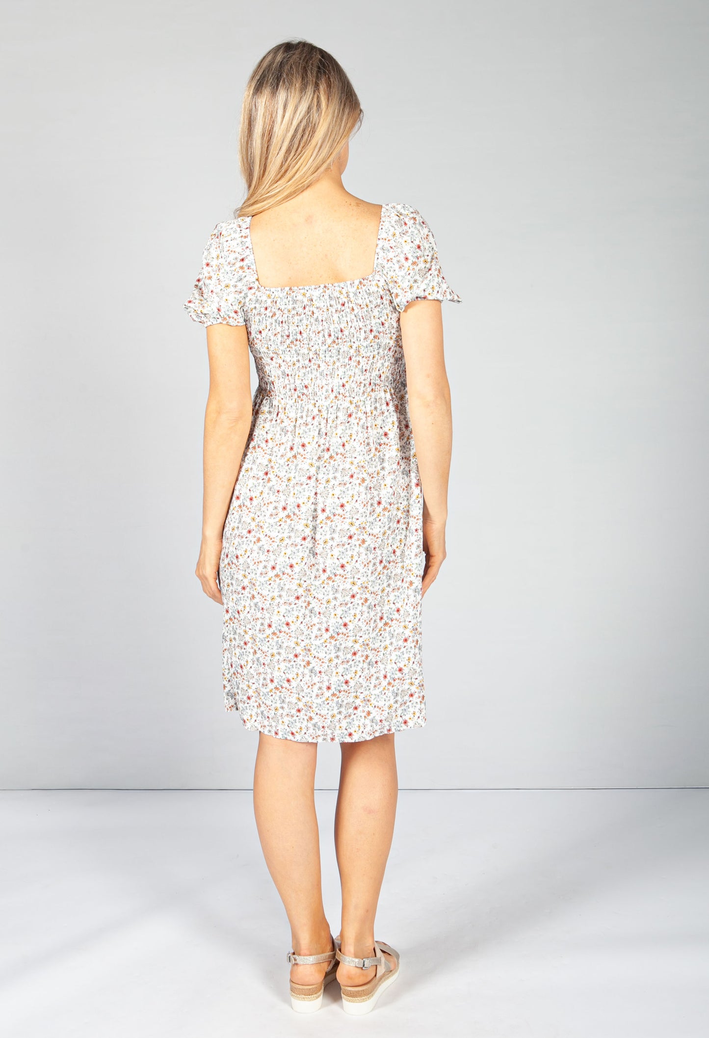 Off White Floral Smock Midi Dress