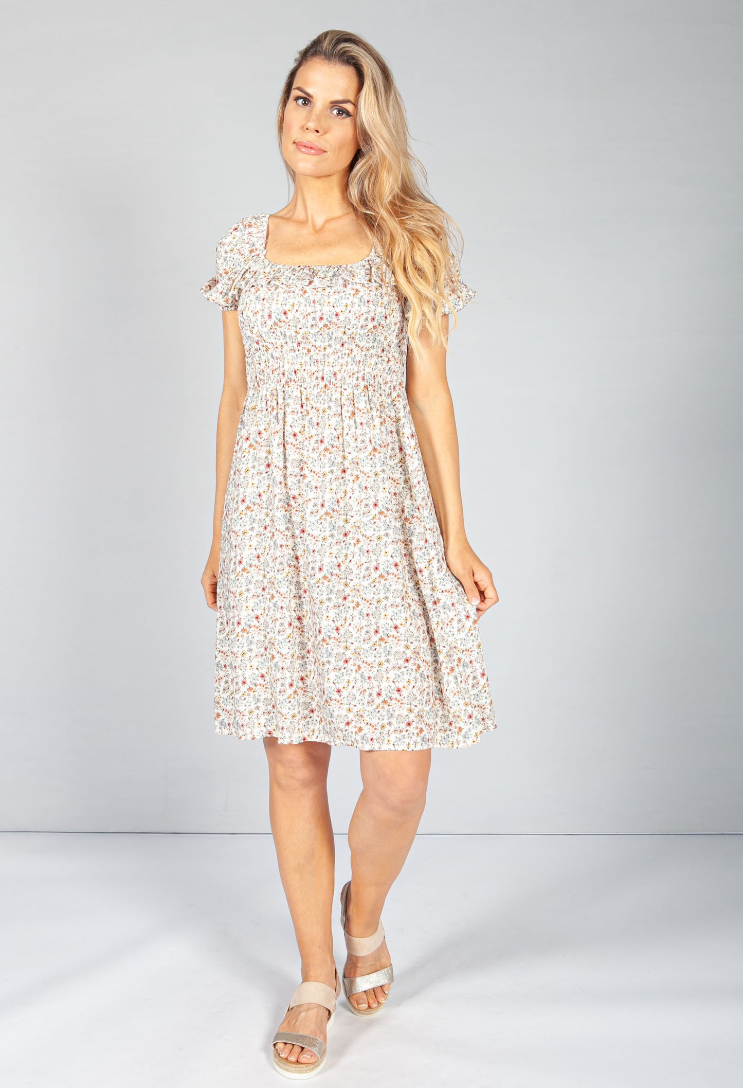 Cream Floral Smock Midi Dress