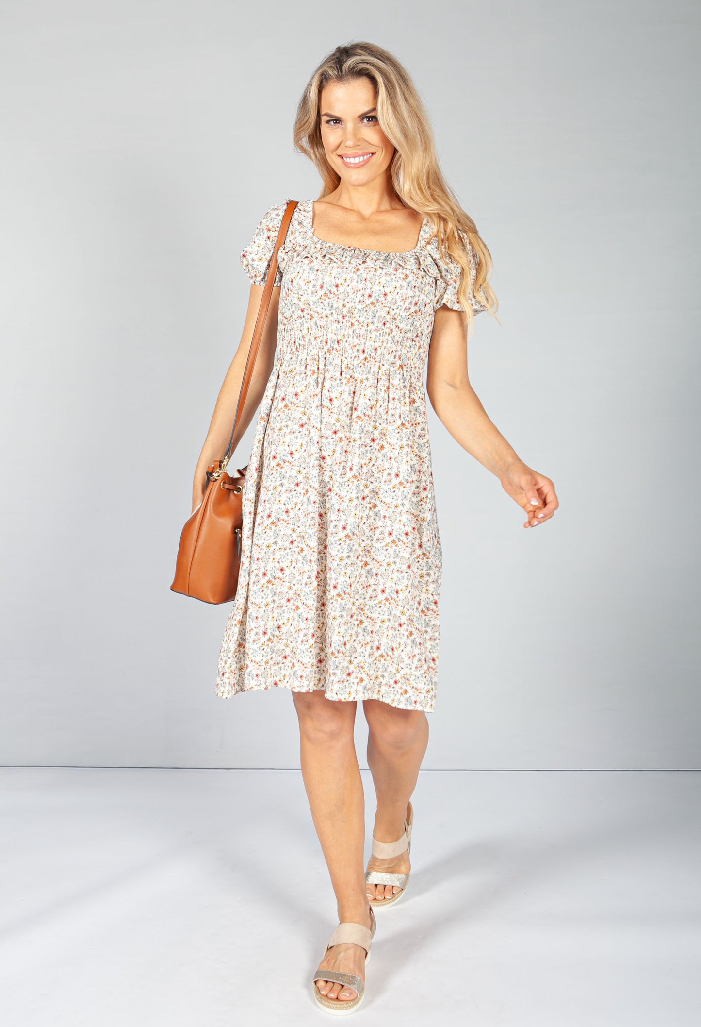 Cream Floral Smock Midi Dress