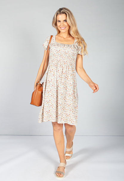 Cream Floral Smock Midi Dress