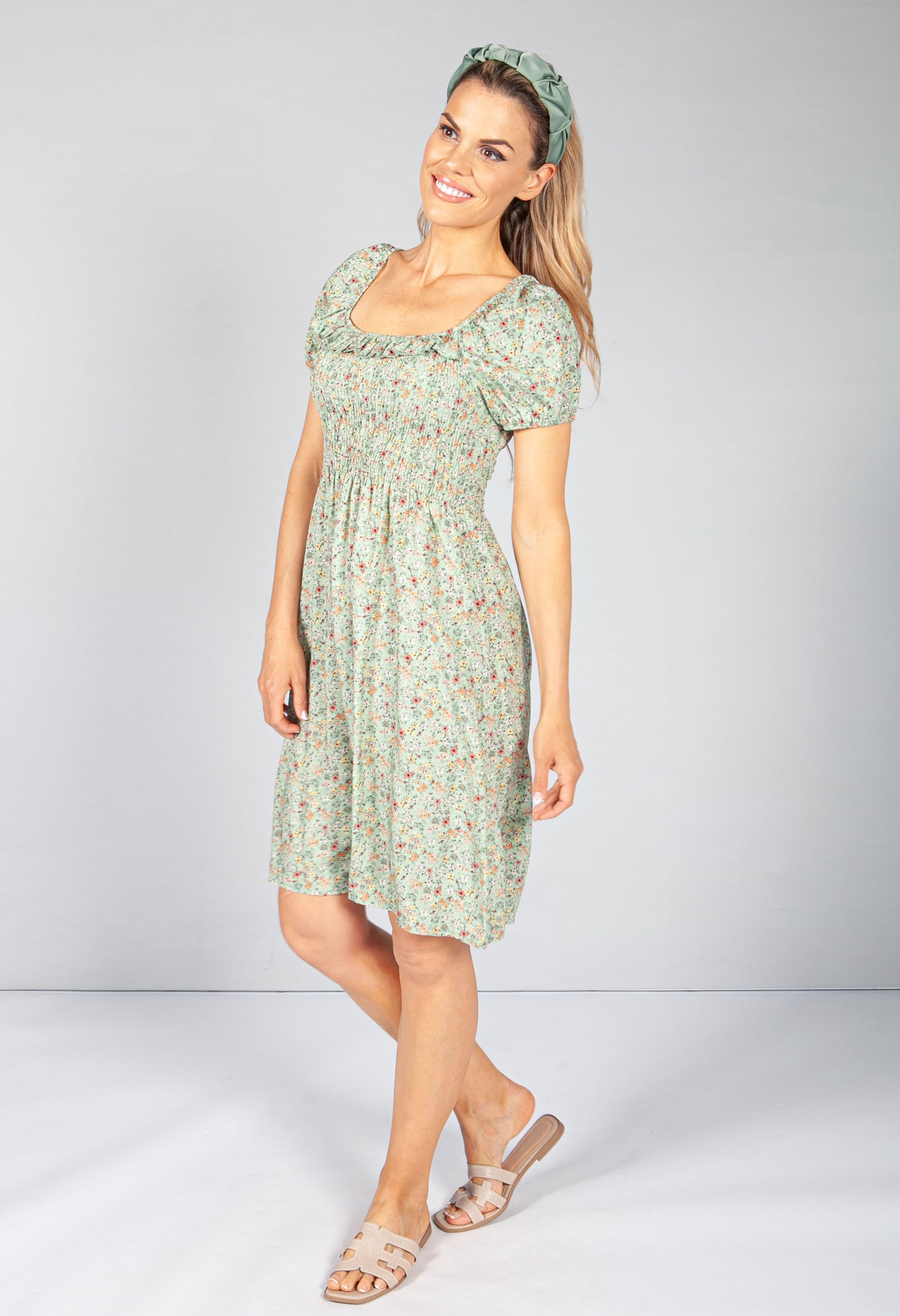 Sage Floral Smock Midi Dress