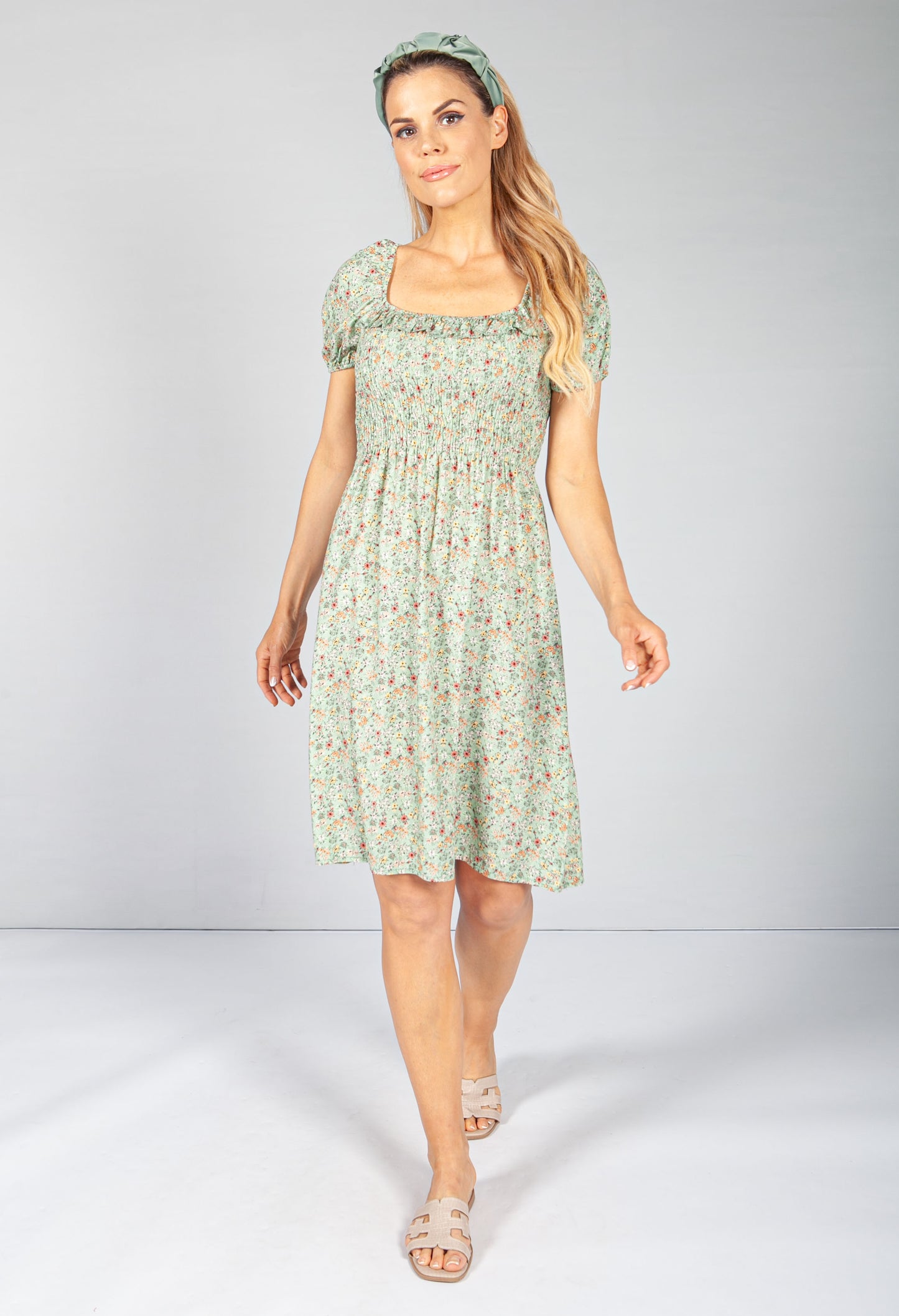 Sage Floral Smock Midi Dress