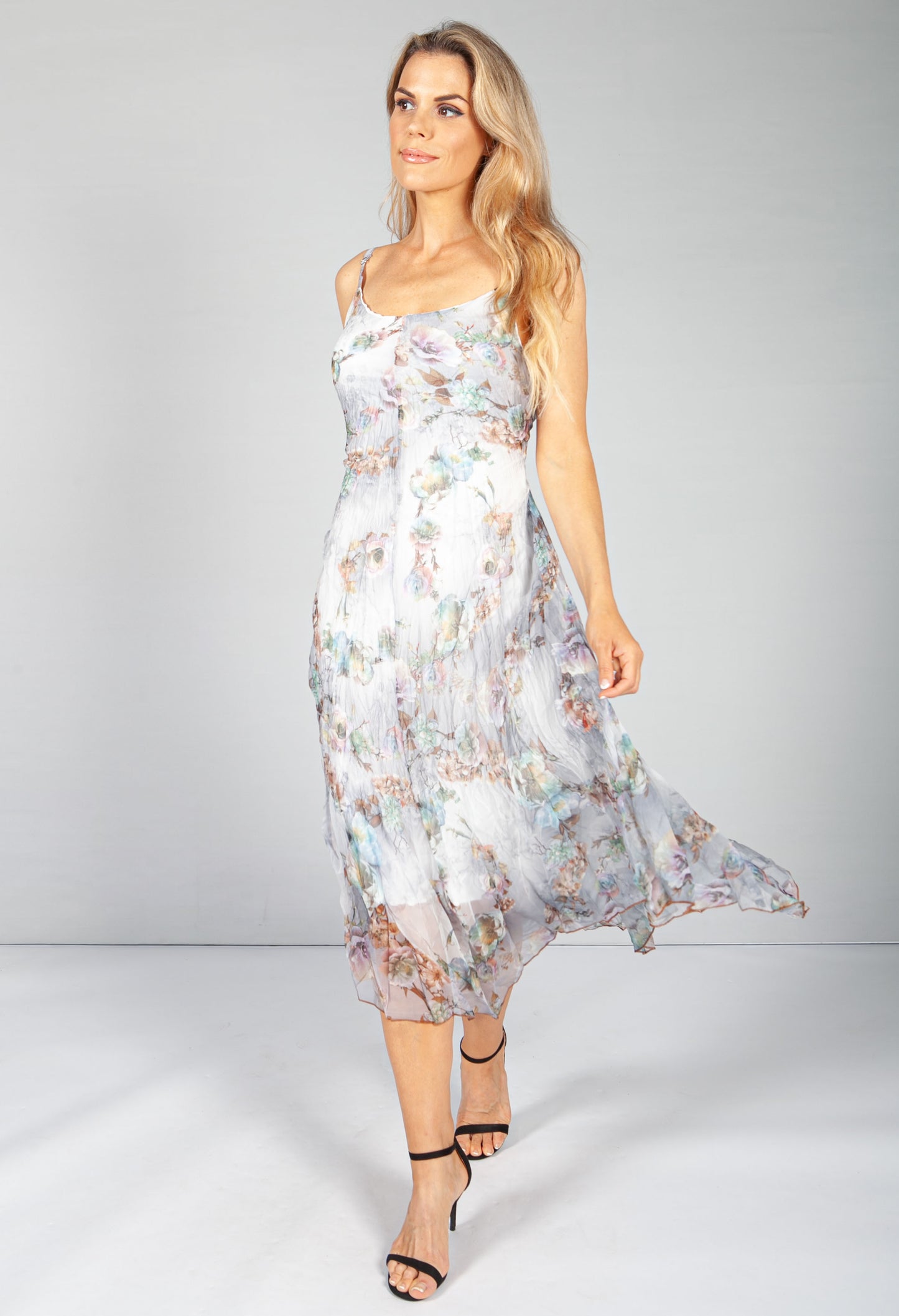 Soft Grey Floral Crepe Maxi Dress