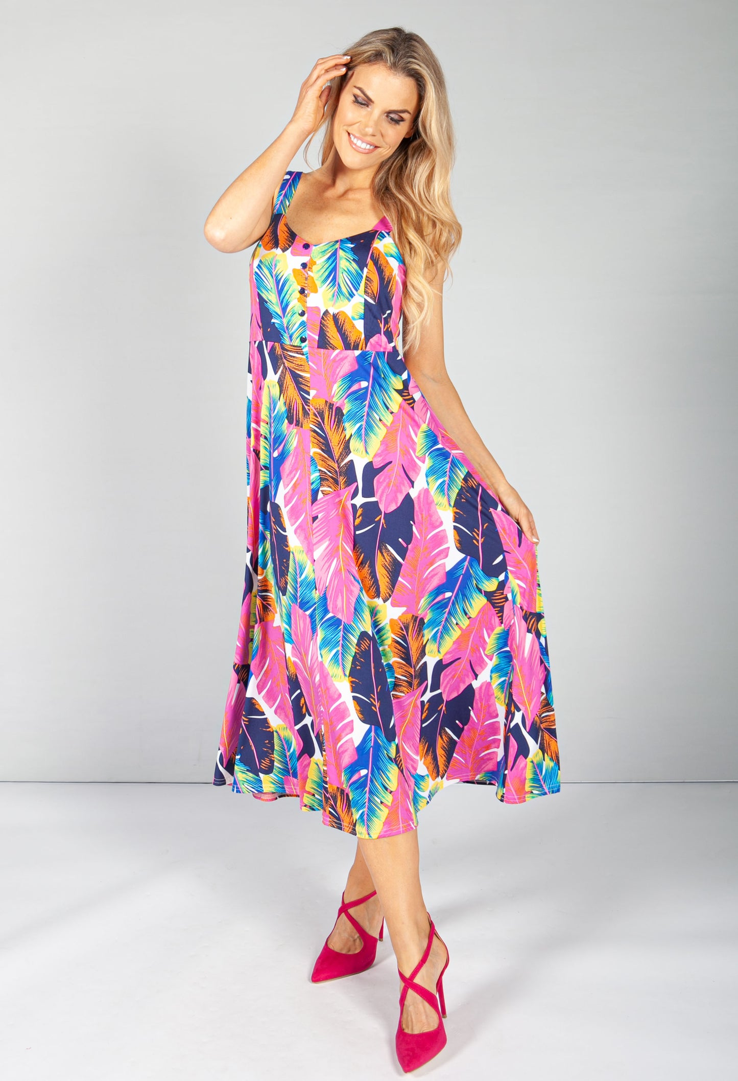 Pink Tropics Print Button Bodice Dress