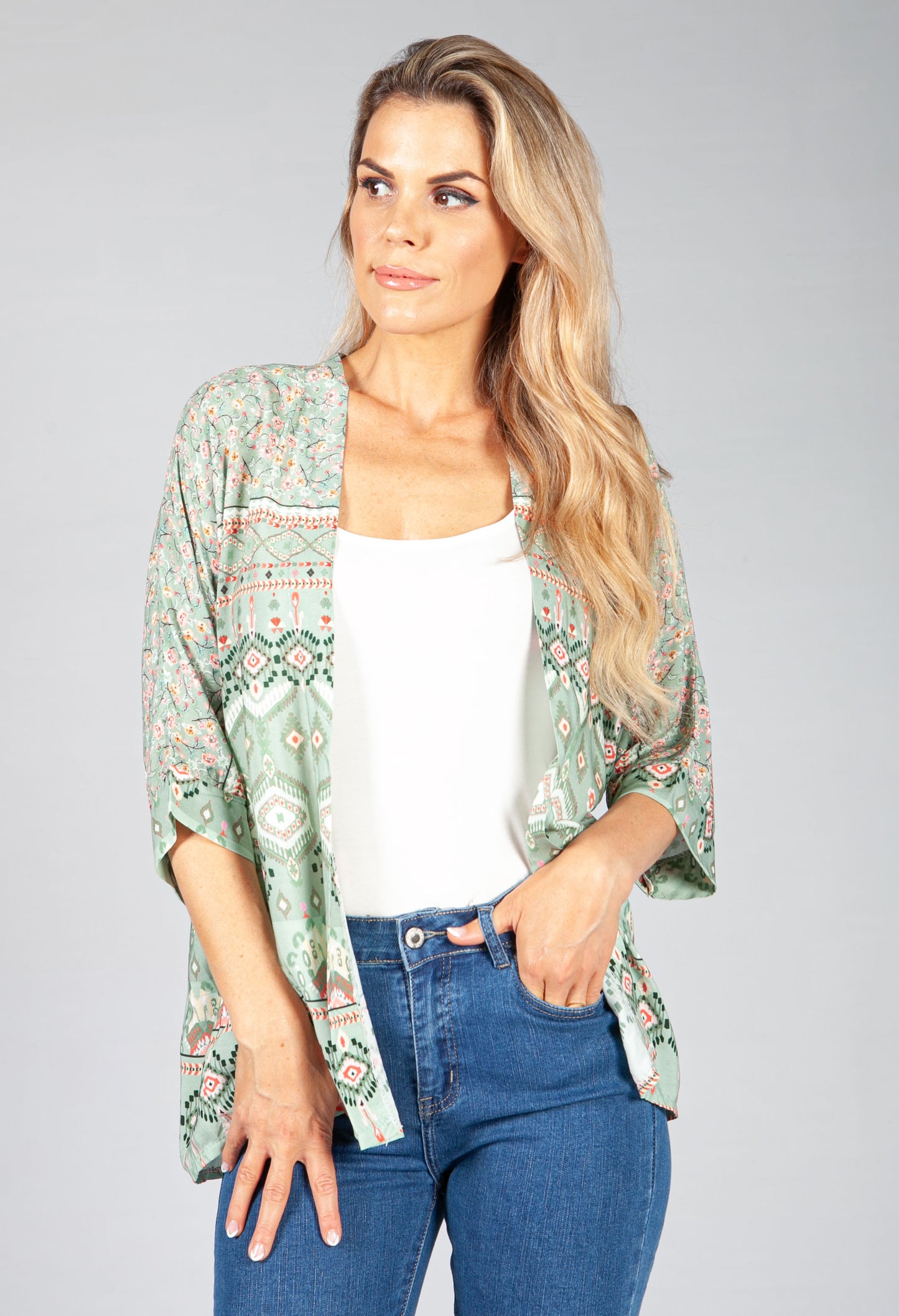 Green Geometric Kimono Style Cardigan