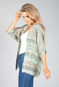 Green Geometric Kimono Style Cardigan