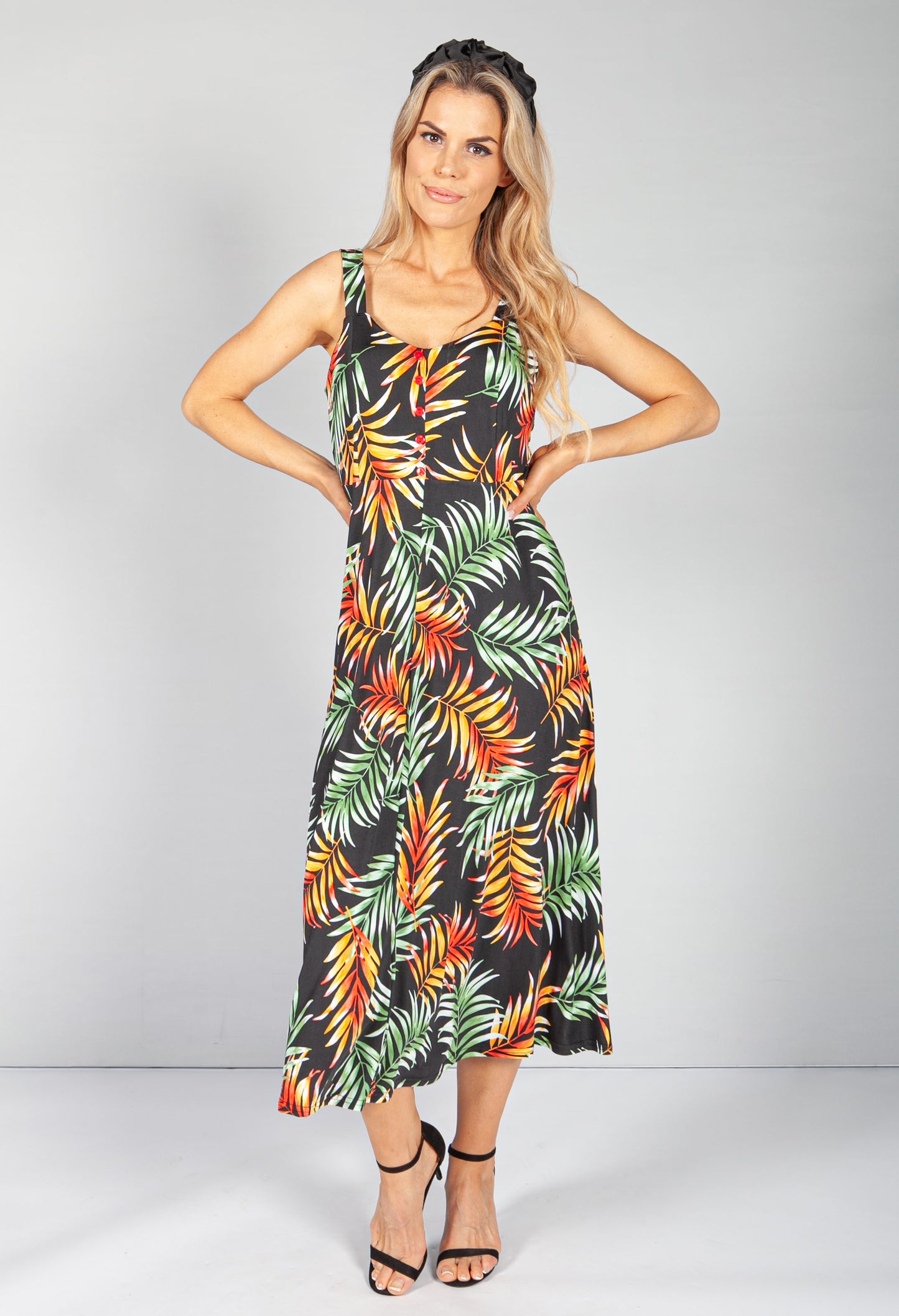 Palm Print Button Bodice Dress