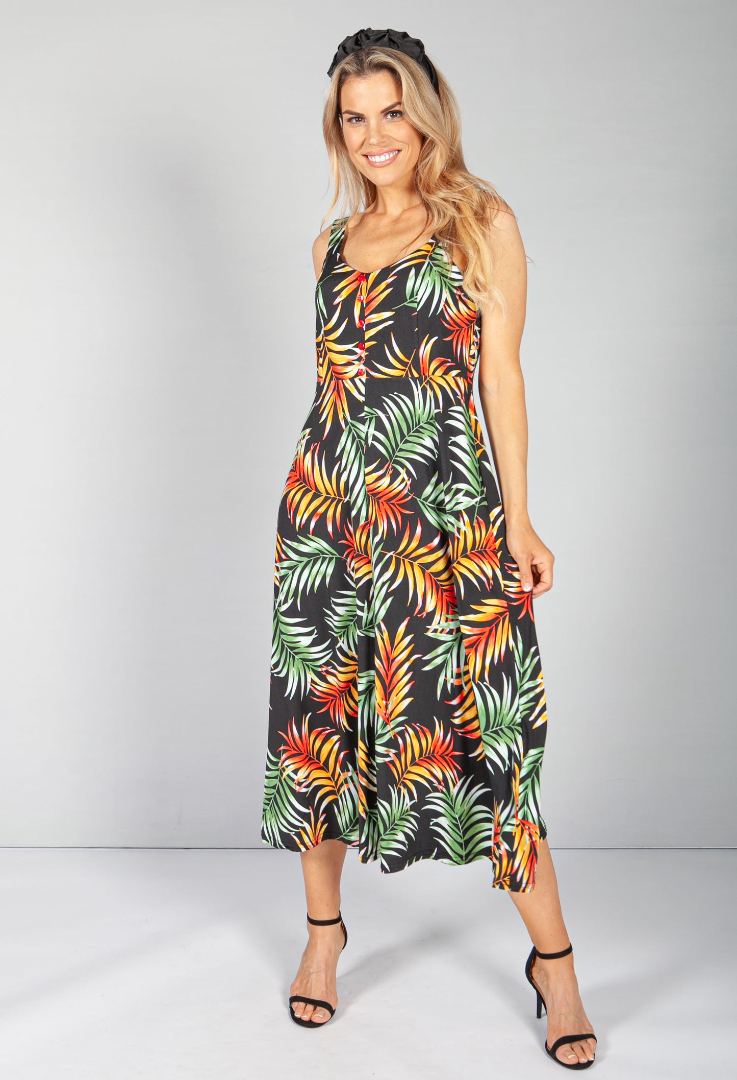 Palm Print Button Bodice Dress